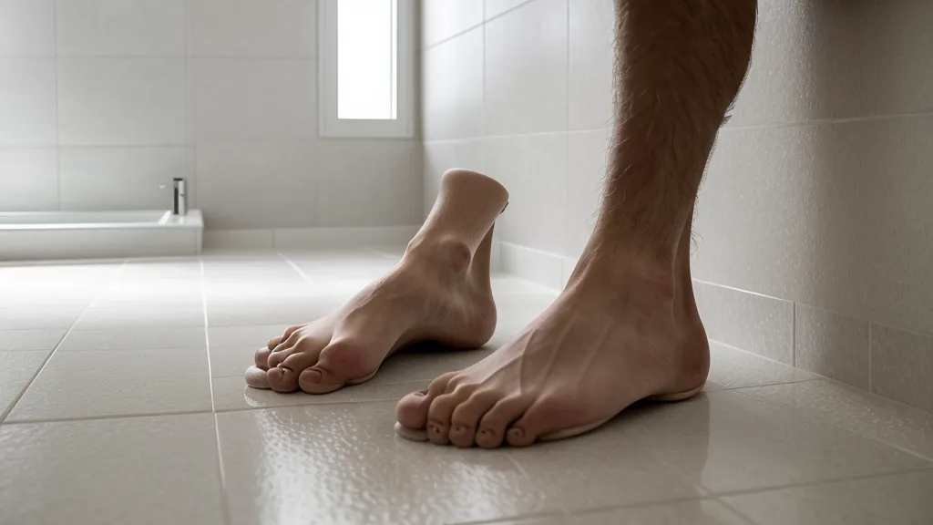 Pieds nus d'un homme sur un carrelage de salle de bain blanc