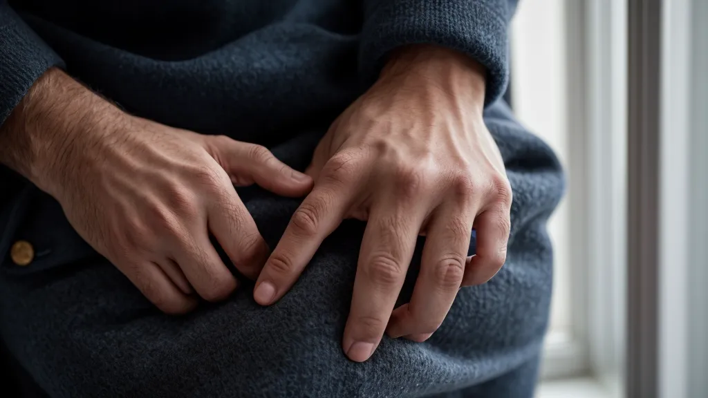 Main d'homme se relâchant doucement sur un tissu sombre