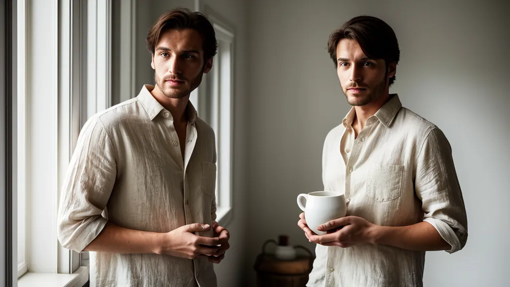 Homme serein regardant par la fenêtre avec une tasse de café