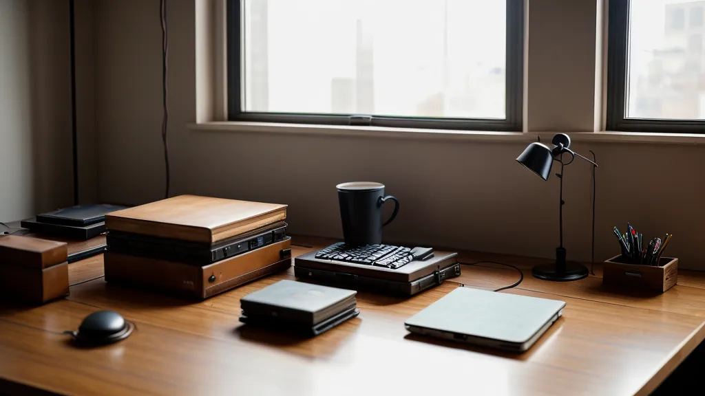 Bureau de travail organisé avec un carnet et une montre, style sobre