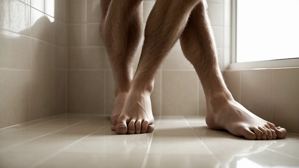 Pieds nus d'un homme sur un carrelage de salle de bain frais, lumière douce