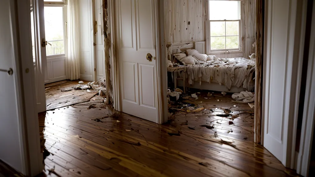 Vue floue d'une chambre ensoleillée et paisible à travers une porte ouverte