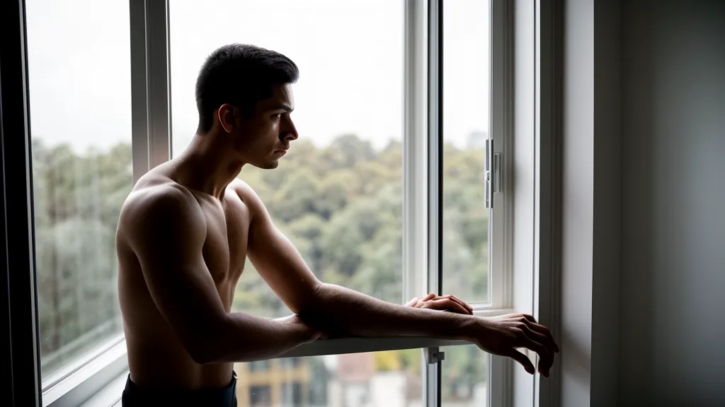 Homme fatigué après le travail confronté à une baisse d'endurance sexuelle et cherchant à gérer son stress avant un moment intime