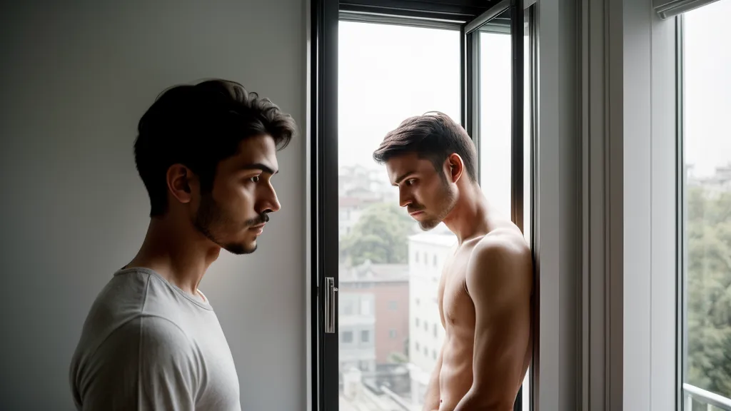 Un homme regardant par la fenêtre avec une expression de calme et de maîtrise