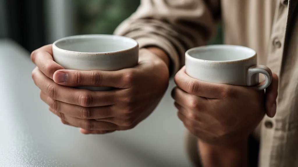 Gros plan d'une main d'homme détendue tenant une tasse de café.
