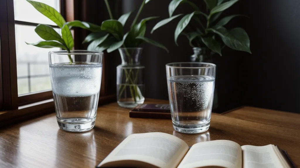 Un verre d'eau posé sur une table de nuit en bois avec une lumière douce.