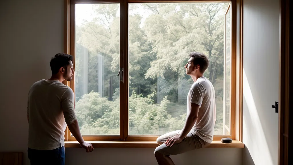 Homme regardant par la fenêtre, serein, après avoir travaillé sa maîtrise de l'éjaculation et sa confiance sexuelle