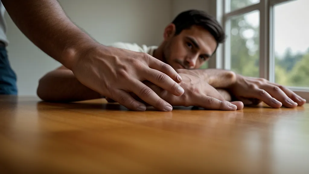 Gros plan sur les mains détendues d'un homme posées sur une table en bois