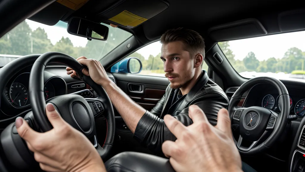 Gros plan des mains d'un homme sur le volant d'un fourgon de livraison