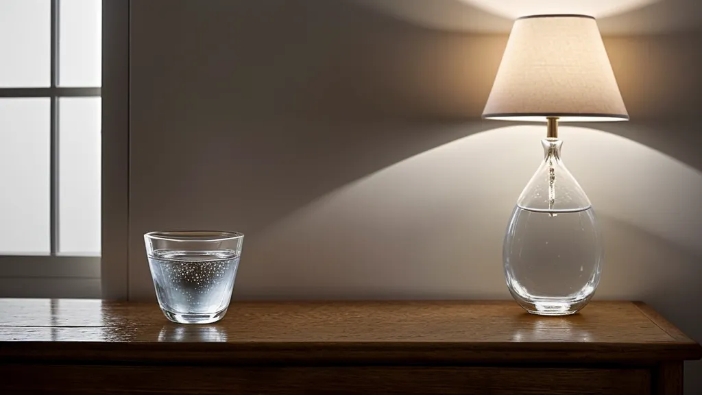 Un verre d'eau sur une table de nuit à côté d'un lit bien fait