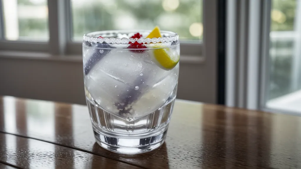 Gros plan d'un verre de gin avec des glaçons dans un salon.