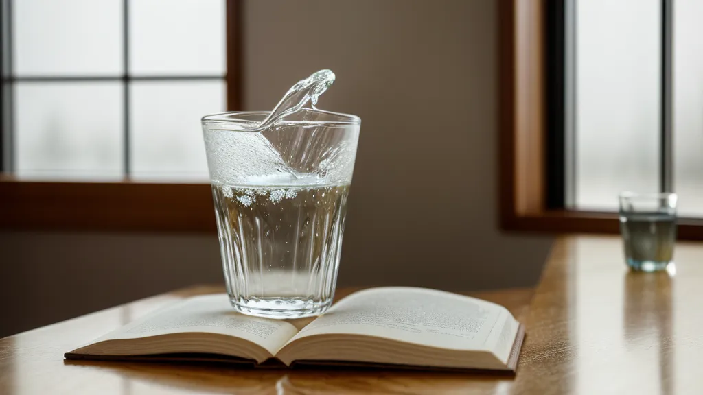 Une main d'homme tenant un verre d'eau sur un bureau éclairé.