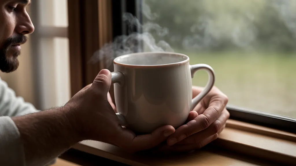 Mains d'homme se réchauffant sur une tasse, illustrant le retour de la circulation sanguine.