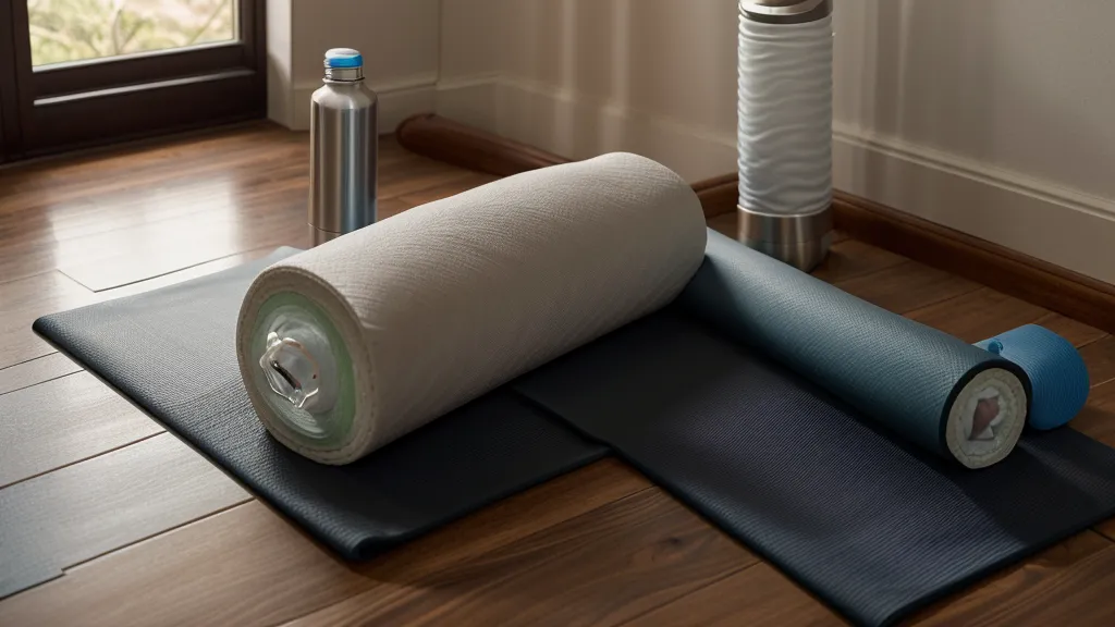 Tapis de yoga et bouteille d'eau au sol pour une routine d'étirements du soir