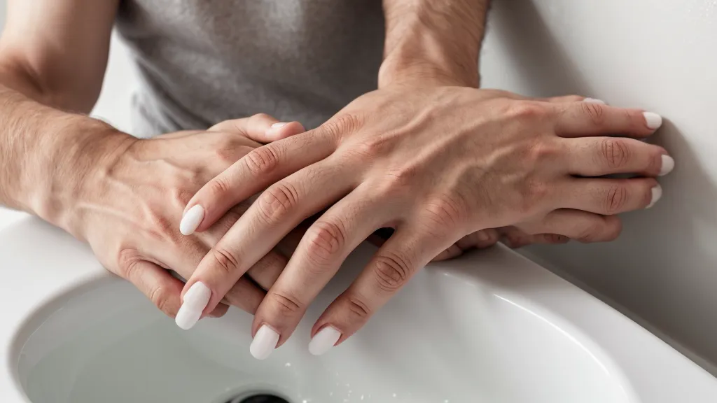 Mains d'homme posées calmement sur un lavabo de salle de bain