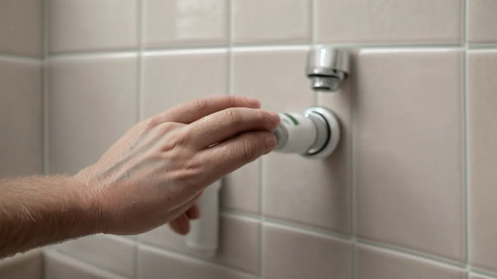 Gros plan d'une main d'homme posée sur le carrelage froid d'une salle de bain
