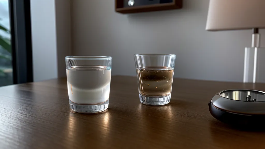 Un verre d'eau et une montre posés sur une table de chevet en bois
